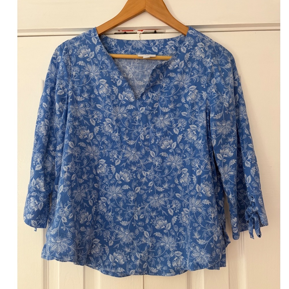 J. Jill Blue Floral Linen Blend Split Neck Tie Cuff Blouse Womens XS RN 97641